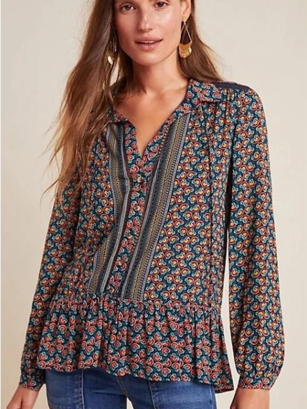 Anthropologie Maeve Navy Floral Button-Front Top with Rust Accents
